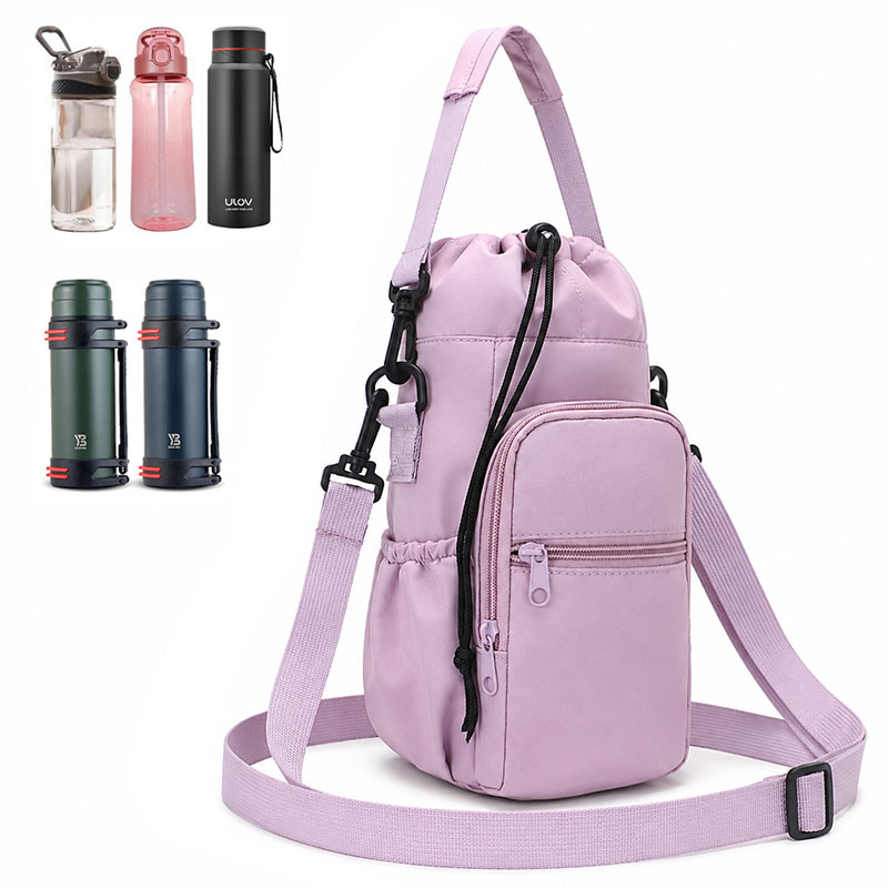 Sports Water Bottle Insulated - 携帯用断熱ウォーターボトルバッグ、携帯電話ポケット付き、調節可能なクロスボディストラップ、ドローストリングホルダー、ハイキング、旅行、ジムに最適 ﻿